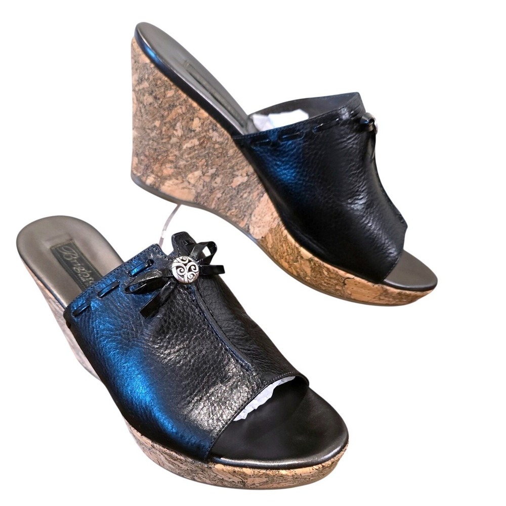 VTG 90s Y2K Brighton Shore Black Leather Cork Wedge Sandals Slides 7.5 Italy